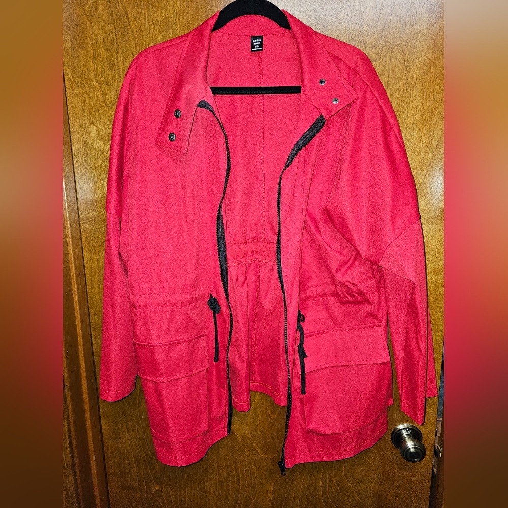 Red Cinch Waist Fall/Spring Jacket - Zip Up